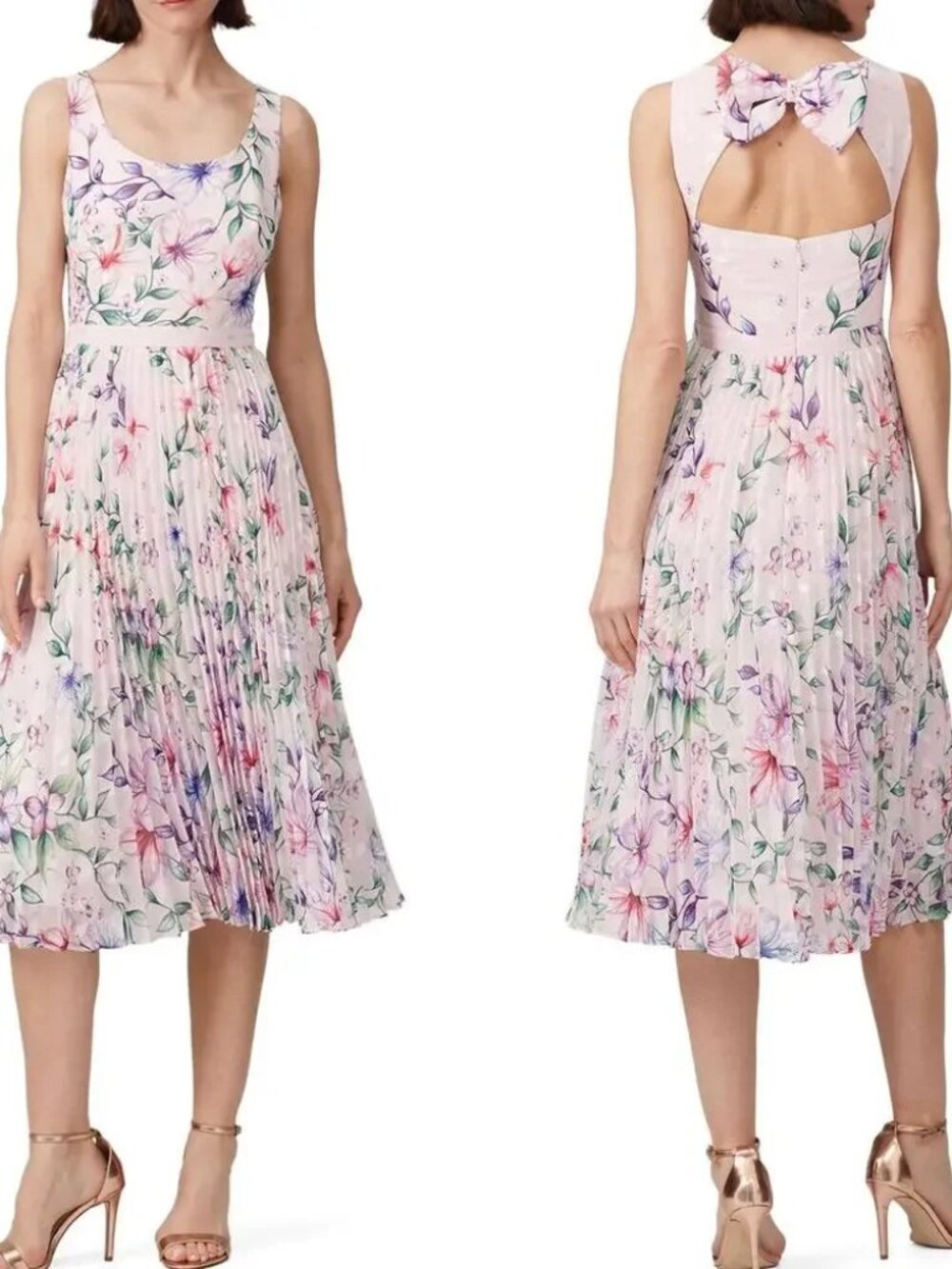 Marchesa Notte Pleated Blush Pink Midi Dress Floral Bow Back Party Wedding Guest